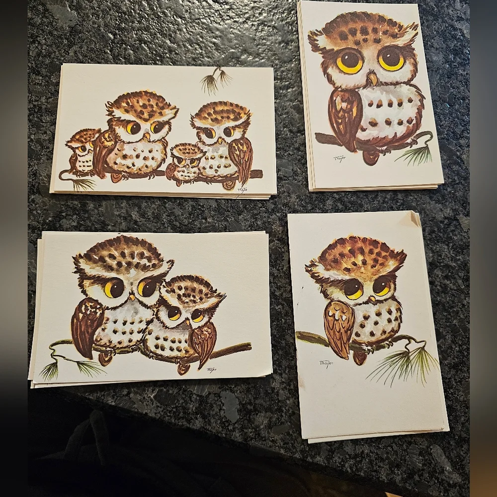 Vtg Thayer Kitschy Owls Big Eyes 16 Post Cards Picture Art 70's MCM Maine USA‎